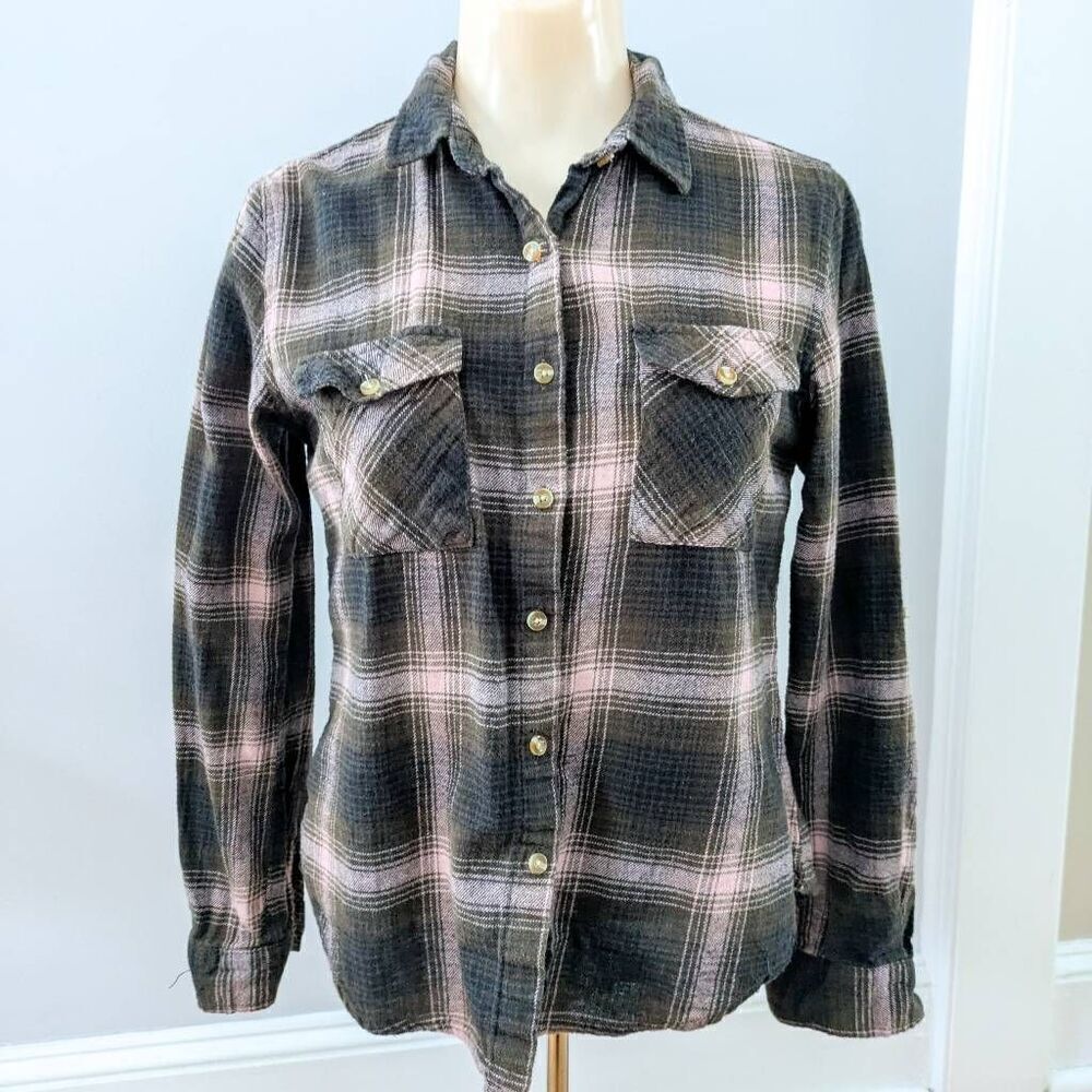 Passport Brown and Pink Plaid Flannel Button Up Top